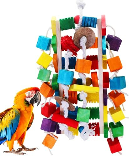 MQUPIN Großer Vogel Papagei Spielzeug, Bunte Holzblock Kauen Papagei Spielzeug in verschiedenen Formen, 22 Zoll natürlichen Holzblock Papageienspielzeug für African Grey Parrot, Vogelspielzeug