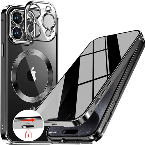 [Anneau en Métal CD & Verrouillage de Sécurité] Coque Anti-Espion Magnétique pour iPhone 13 Pro Max 6.7 [Protection D'objectif Intégrée] Étui Intégrale avec Écran en Verre 9H Intégré, - Noir