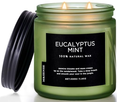M&SENSE Duftkerze Eukalyptus Minze,330g 70 Stunden lang brennend, große Kerzen mit 2 Docht, dekorative Kerzen im Glas, natürliches Sojawachs, Aromatherapie Kerze zur Entspannung für Spa, Bad, Yoga