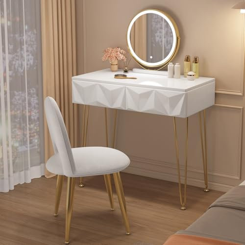 EUGAD Schminktisch mit Spiegel und Hocker, LED Beleuchtung, Samtstuhl, Frisiertisch mit 2 Schubladen, Modern Design, Einfache Montage, Weiß Hochglanz, Goldene Metallbeine, 80 cm Breite, 0056SZT