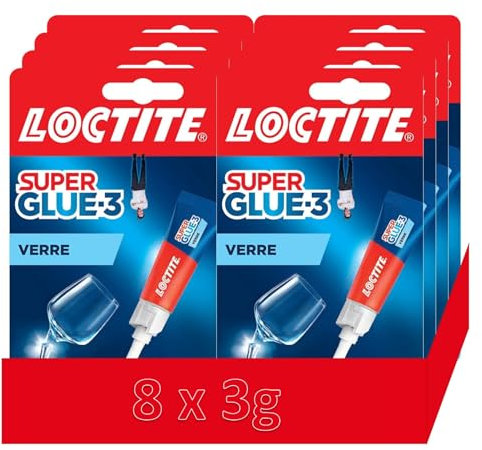 Super Glue-3 Verre, colle puissante pour des liaisons verre sur verre, colle liquide résistante à l'eau et aux détergents, transparente (8 x 3g)