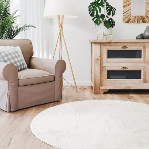 Interiyou Fargo - Teppich Wohnzimmer 80x80 cm Rund Creme - Kurzflor Waschbar und rutschfest - Flauschiger Fellteppich aus Kunstfell - weicher Langflor Fell