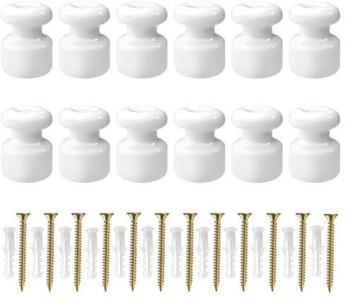QuirkLz 12 Pezzi Isolatori in Ceramica per Cavo Elettrico Tessile – Isolatori per Cavi Trecciati, isolatori in ceramica vintage, Ø18mm, Bianco Lucido, inclusi viti e tasselli di ancoraggio