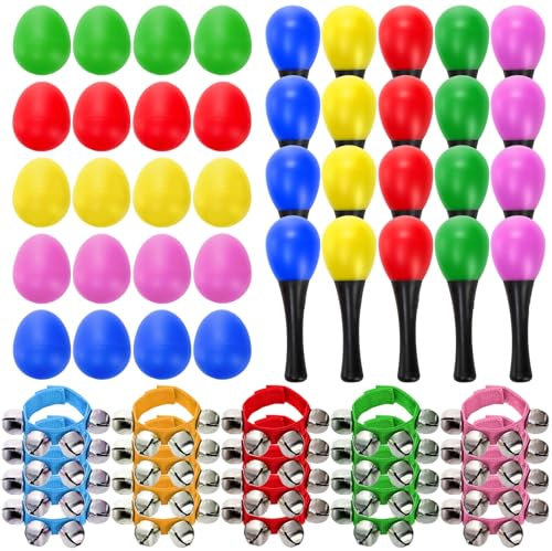 Cididu 60 Pcs Kids Musical Instruments with 20 Pcs Egg Shaker, Wrist Hand Band Bells and Sand Hammer Shaker - Early Learning Percussion Toy for Music Lovers