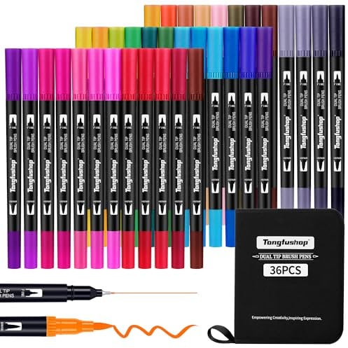 Tongfushop Brush Pen Set, 36 Farben 1-5 mm/Fineliner 0,4 mm Filzstifte Dicke und Dünne für und Erwachsene, Dual Tip Pinselstifte Aquarell Marker für Bullet Journal, Malbücher, Handlettering