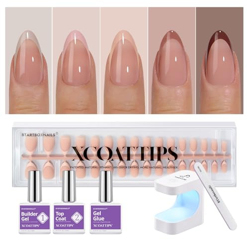 BTArtboxnails XCOATTIPS Press on Nails Short - Skin Tones Almond Nail Tips, Soft Gel Nail Tips with Nail Gel, French Protecting Duo, Nail Lamp, All in One Fake Nails French Tip Press on Nails Kit