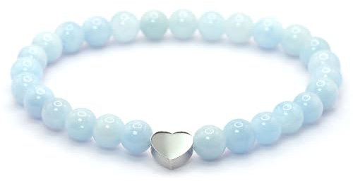 Echtes Aquamarin AAA Edelstein Armband mit 6mm Perlen und Edelstahlherz - verschiedene Längen - Heilstein Schutzstein Talisman Glücksbringer Geschenk (Aquamarin, 14CM)