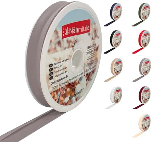 Nähmit 25m Rolle Baumwoll Schrägband, 100% Baumwolle 20mm Breit - 40/20 vorgebügeltes Schrägband (A18-Mausgrau, 25m Rolle)