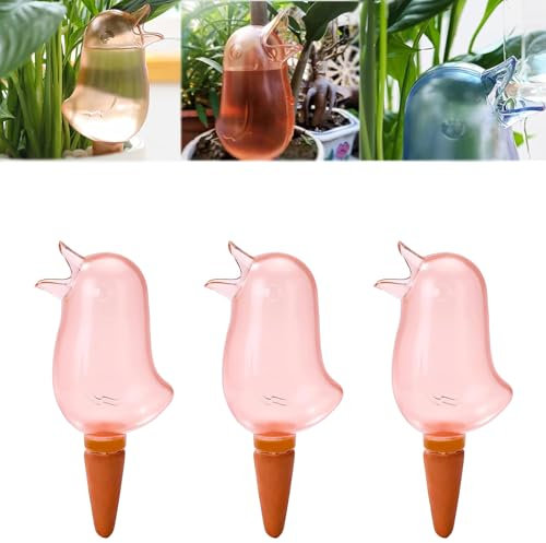 Accustomedi Birdie Type Automatic Flower Waterer,Self-Watering Bird,Self Watering Planter Insert,Terracotta Watering Spikes,Automatic Plant Waterer Indoor (3pcs red)