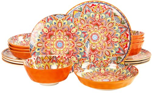jinsongdafa Juego de vajilla Mandala (16 piezas) sirve para 4, vajilla de buffet, juego de platos y cuencos bohemios con plato de ensalada de 8.3 pulgadas, plato de 8.6 pulgadas, plato de cena de 10.6
