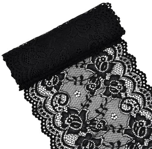 Schwarz Spitzenband 6in x 38.6in, Breiter Dekorativ Spitzenstoff, Vintage Stretch-Blumenmuster, Tüll Spitze zum Basteln, Nähen, Geschenkverpackungen, Brauthochzeitsdekorationen