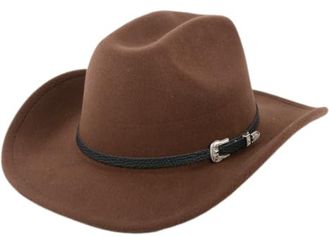 Henrrida Women Men Classic Western Cowboy Hat Wide Brim Soft Felt Hat with Strap for Outdoor Western Cowboy Cowgirl Hat with Belt Buckle Brown