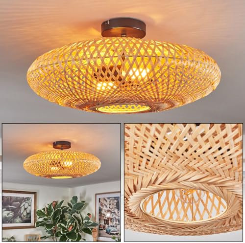 HOFSTEIN Deckenleuchte Boggsjo, Deckenlampe aus Metall/Bast in Schwarz/Naturfarben, runde Leuchte im Boho-Design (Ø 50 cm) mit tollem Lichteffekt, E27, Esszimmer, Wohnzimmer, Schlafzimmer, Küche