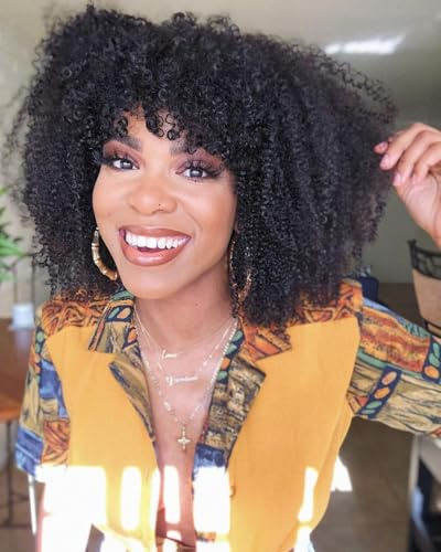 Human Hair Wig Kinky Curly Wig Human Hair Real Hair Wig with Fringe Short Curly Wigs Real Hair Brazilian Virgin Human Hair No Lace Front Wigs for Women Glueless Wig Afro Kinky Curly 12 Inch