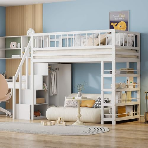 NQSLDM Hochbett 90x200 cm mit Treppe und Stauraum, Etagenbett Kinderbett mit Kleiderschrank und Regalen, Bettgestell mit Lattenrost, Bett für Kinder und Jugendliche, Ohne Matratze, Weiß