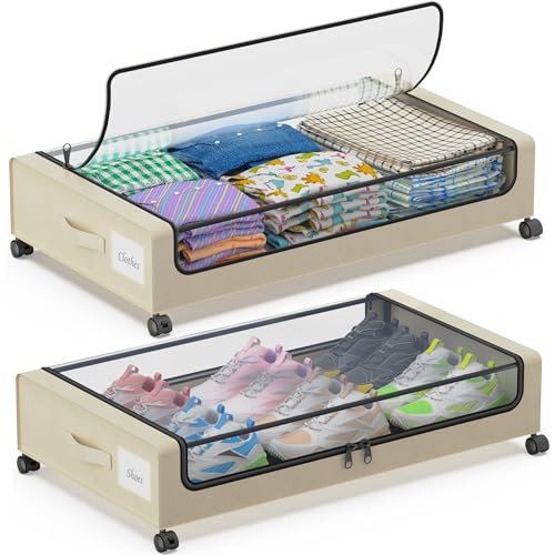 Under Bed Storage with Wheels, 2-Pack Under Bed Storage Containers with Clear Lids, XXL 60L Under the bed storage Organizer Bins, Rolling Under Bed Metal Drawer for Clothes,Shoes,Toys (White, 2 Pack)