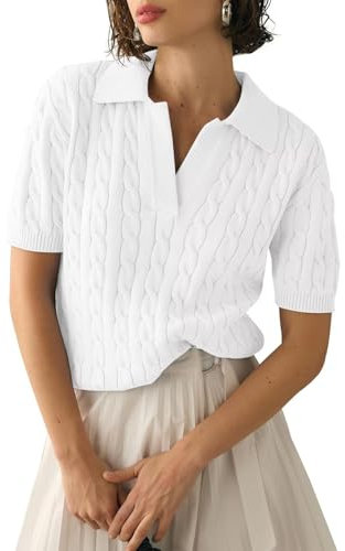 LACOZY Suéter tipo polo de manga corta para mujer, cuello en V, punto acanalado, informal, ligero, para el verano 2025, blanco, XL