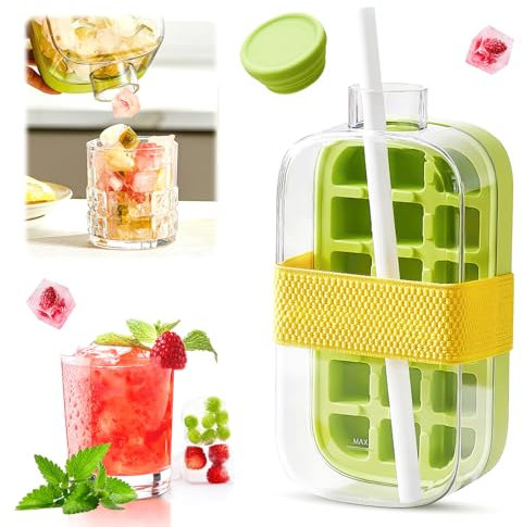 Bac a Glacon avec Couvercle 2 en 1 glacons moule et bouteilles d'eau avec 18 pressions pour libérer les glaçons, bouteille de glace pour cocktails, whisky, thé, boissons