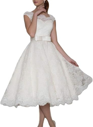 Kleid Und Brautkleider Zivilamt Kleid Und Brautkleider Spitze Frauen Knielang Mit Gürtel, Ivory White, 44