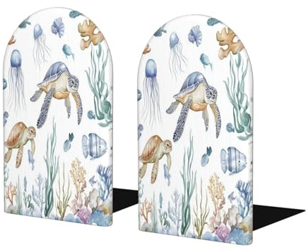 Mexpekil Buchstützen, Unterwasser-Schildkröten, Quallen, Holz, Buchstützen für Regale, rutschfeste Buchstützen, 2 Stück, robuster Buchstopper, Halter für Büro, Bibliothek, Schule, Kinderzimmer