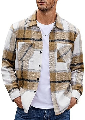 COOFANDY Men's Flannel Shirt Long Sleeve Checked Shirt Plaid Jacket with Pockets Light Khaki M
