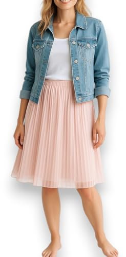 Plissee Rock Damen Midi Sommer – A-Linien Faltenrock mit Gummibund & Unterrock – Made in Italy – Knielanger Midirock (DE/NL/SE/PL, Alphanumerisch, Einheitsgröße, Regular, Regular, Rosa)