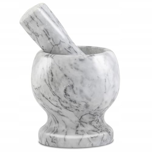 Juego de Mortero con Maja, Molcajete Mármol Natural Duradero, Triturador Manual de Piedra para Moler Machacar, Ideal para Moler Especias y Hierbas - Altura 10 cm, Diámetro 9 cm