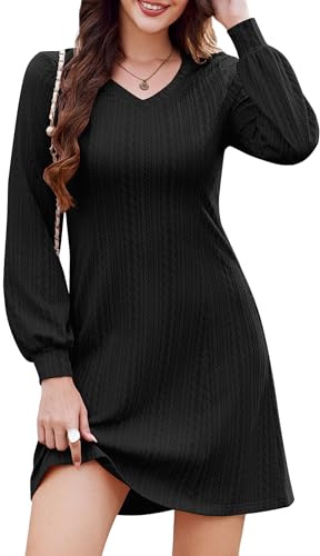 Zeagoo Ladies Dresses Long Sleeve V Neck Jumper Dress Elegant Lantern Sleeve Cable Short Dress Autumn Black S
