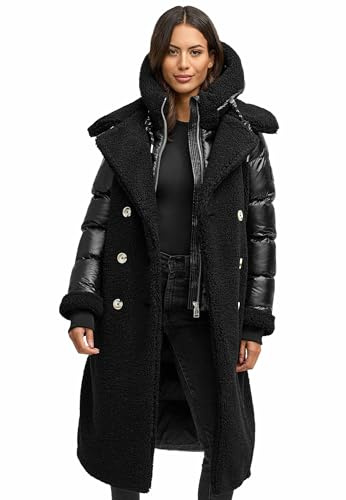 Navahoo Damen Wintermantel (XS-XXL) - Kapuze, Stepp-Innenteil, Teddymantel mit Gürtel - N119