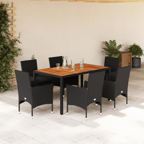 QJBSAVVA 7-teiliges Gartenmöbel Set Schwarz 150x90x75 cm Tisch & 6 Stühle mit Akazienholzplatte UV-beständiges Polyrattan Essgruppe Outdoor Balkon Terrasse