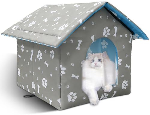 Katzenhaus Outdoor, Katzenhaus Outdoor Winterfest Wasserdicht, Katzenhütte Outdoor Indoor mit Abnehmbarem Kissen für Kleine Hund Katze Streuner Haustiere，Grauer Knochen：M