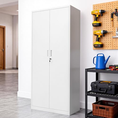 Bonnlo 180cm Tall Metal Storage Cabinet with Lock, 5 Shelves, White | 2-Door Lockable File Cabinet,Adjustable Shelves,Easy Assembly, Multi-Purpose Utility Storage for Garage, Office & Home