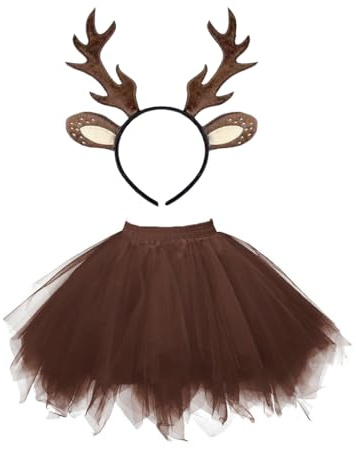 JiJiRuDU Reh Kostüm Damen, Rentier Haarreif und Tüllrock Braun, Geweih Haarreif Rentier Kostüm Erwachsene TierKostüm Damen für Halloween Weihnachten Karneval Cosplay Party