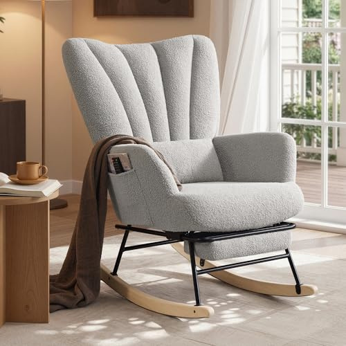 SONGMICS Silla Mecedora, Sillón Mecedora con Reposapiés Extraíble, Cojín Extraíble, Bolsillos Laterales, Patas de Madera, Tejido de Felpa, para Dormitorio y Salón, Gris Paloma LYY018G101