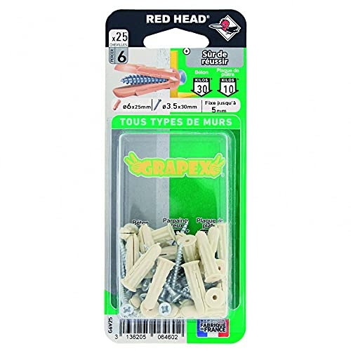 Lot de 25 chevilles + vis à expansion grapex RED HEAD, Diam.6 x L.25 mm