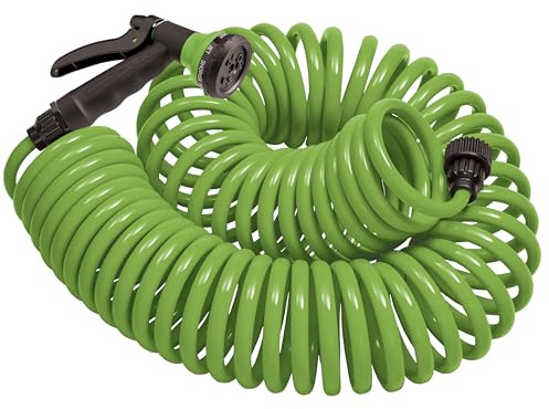 Orbit 27862 25-Foot Coil Hose with Nozzle, Green | Flexible Coil Garden Hose with 8-Pattern Spray Nozzle for Lawn & Garden Watering, Lightweight & Easy to Store
