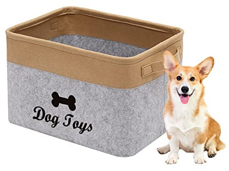 Geyecete Filz Aufbewahrungsbox für Hunde Spielzeug Faltbare spielzeugkiste für Hund mit Griff Aufbewahrungskorb für Haustier spielzeug-38 x 27 x 25 cm-Hellgrau/Khaki