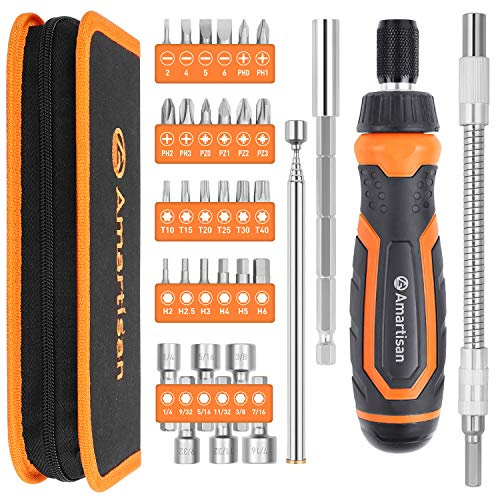 Amartisan Magnetic Ratchet Screwdriver Set, 34-Piece Multi-bit Ratchet Screw Drivers, Slotted/Philips/Pozi/Torx/Hex