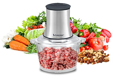 BEPER P102ROB001 Tritatutto in vetro, Contenitore in vetro, Corpo in Abs, Doppia coppia di lame in acciaio,2 velocità, base antiscivolo, Capacità di 1,5L, Grigio/Nero