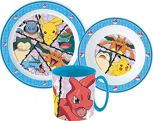 Kompatibel zu Pokemon Kinder-Geschirr Set mit Teller, Müslischale und Trinkbecher (wiederverwendbar)