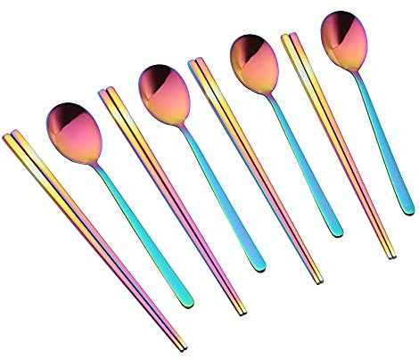 AOPODO Juego de 4 cucharas y palillos, utensilios de cocina reutilizables con arco iris, 4 pares de palillos coreanos de acero inoxidable, apto para lavavajillas (2. palillos y cucharas)