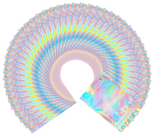 VEGCOO Holographic Packaging Bags - 95 Pcs Mylar Zip Lock Bags, Golden Foil Clear, Resealable, Smell Proof, Party Food, Candy, Cookies, Snack, Jewellery Storage (10 * 15cm)