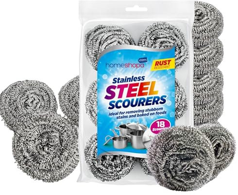 HOEMSHOPA Stainless Steel Scourers, 18 Pack Steel Wool Scrubber, Spiral Metal Wire Scouring Pads, Heavy Duty Kitchen Stovetops Plates Dishes Bathroom Sink Basin Cleaning Supplies