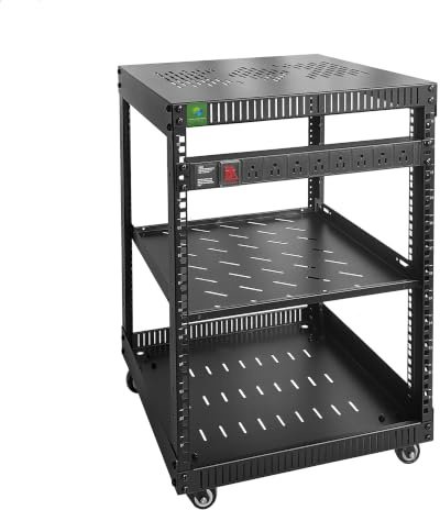 RIVECO 12U Netzwerk-Rack mit Rollen für Server, Stereo-Offener Rahmenschrank mit belüfteten oberen und unteren Abdeckungen, runde Löcher Pfosten quadratische Löcher Pfosten erhältlich