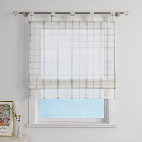 Raffrollo Leinen Transparente Raffgardine Landhaus Küche Gardinen mit Schlaufen Schlaufenrollo Vorhänge Kariert Grün BxH 100x140cm 1 Stück