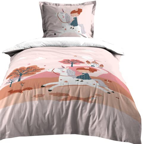 Lovely Casa – Bettwäsche Bettbezug + 1 Kissenbezug – Größe 140 x 200 cm – 100% Baumwolle – Modell Cyrielle – Rosa – Mädchen – Einhorn – Pferd – Girly – Prinzessin, 140 x 200 cm