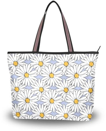 ALAZA Große Tragetasche, Damen-Umhängetasche, große Kapazität, lässige Handtaschen, Pfingstrosen, Blumen, Rosen und Beeren, Einkaufstasche mit Taschen, Reißverschluss, L, Daisy 052, Medium