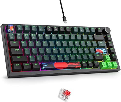 Fogruaden Wired 75% Mechanical Keyboard, Hot Swappable, Red Switch, RGB Backlit, 82 Keys TKL, NKRO, Volume Control Knob (Soundwave)