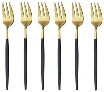 AGGERT 6pcs Black Gold Stainless Steel Tea Fork Dessert Snack Cake Forks