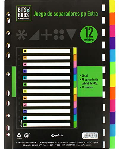 Grafoplas - Juego de Separadores Colores Flúor, 12 Posiciones, Polipropileno Alga Calidad 500μ, 11 Taladros, Bits&Bobs Pop and Design